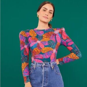 Farm Rio Heart Daisy Teal Bodysuit Women's Small Fall Floral